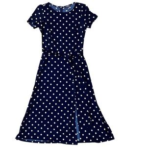 Chaps Navy Blue w/White Polka Dots Short Sleeve Stretch Poly Knit Long Dress S
